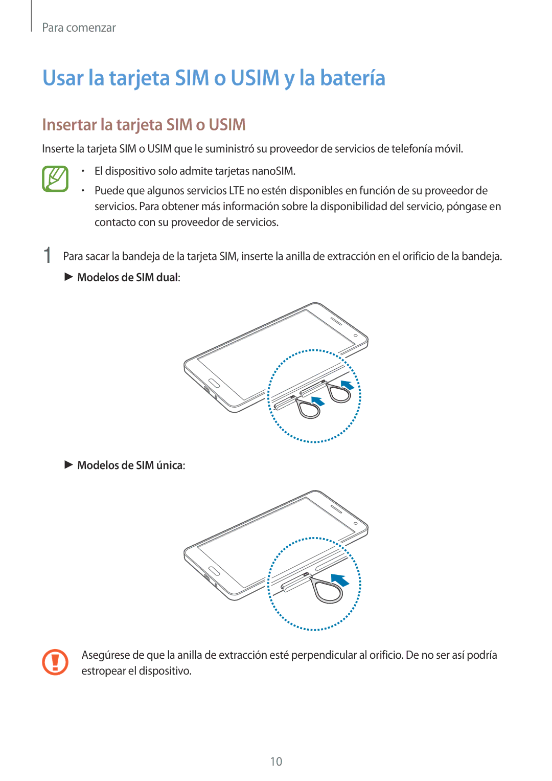 Samsung SM-A500FZSUPHE, SM-A500FZDUPHE manual Usar la tarjeta SIM o Usim y la batería, Insertar la tarjeta SIM o Usim 