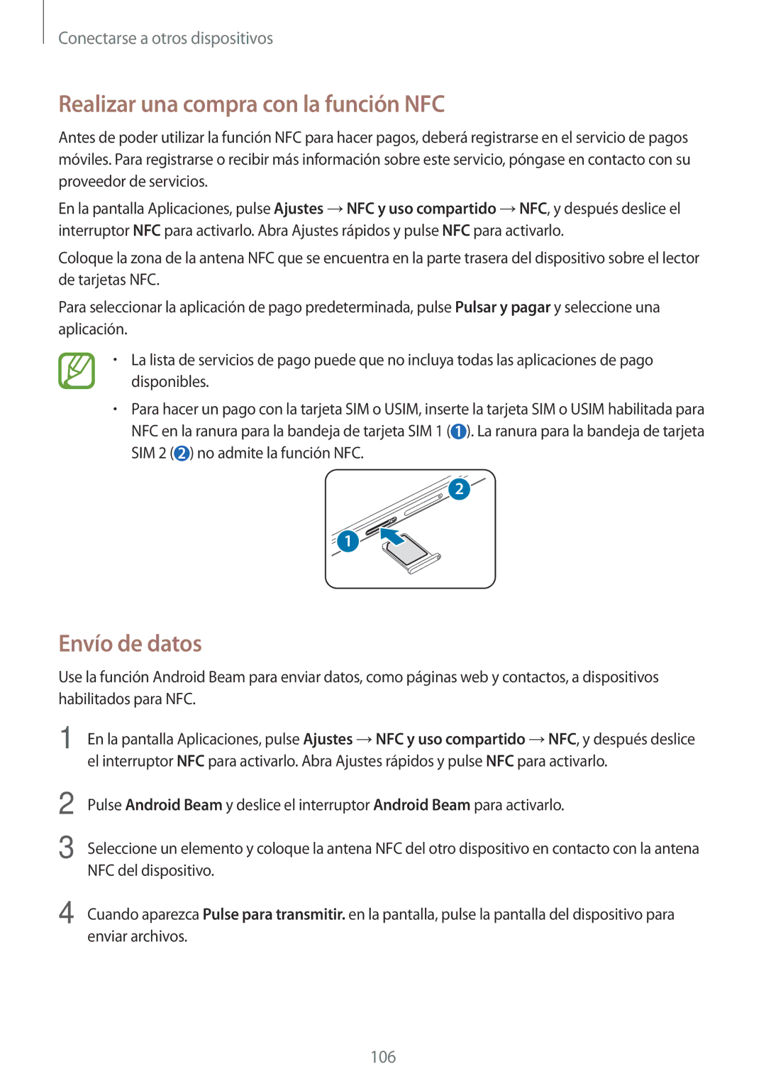 Samsung SM-A500FZSUPHE, SM-A500FZDUPHE, SM-A700FZKAPHE manual Realizar una compra con la función NFC, Envío de datos 