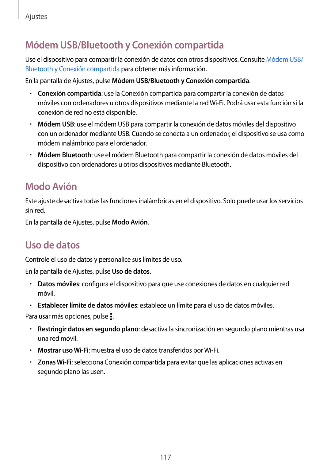 Samsung SM-A700FZKAPHE, SM-A500FZDUPHE, SM-A500FZSUPHE Módem USB/Bluetooth y Conexión compartida, Modo Avión, Uso de datos 