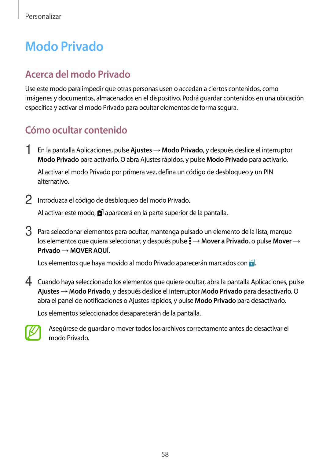 Samsung SM-A500FZSUPHE, SM-A500FZDUPHE, SM-A700FZKAPHE manual Modo Privado, Acerca del modo Privado, Cómo ocultar contenido 