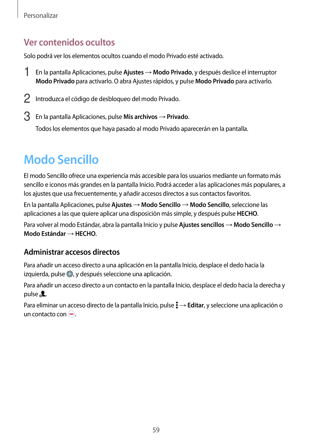 Samsung SM-A500FZKUPHE, SM-A500FZDUPHE, SM-A700FZKAPHE Modo Sencillo, Ver contenidos ocultos, Administrar accesos directos 