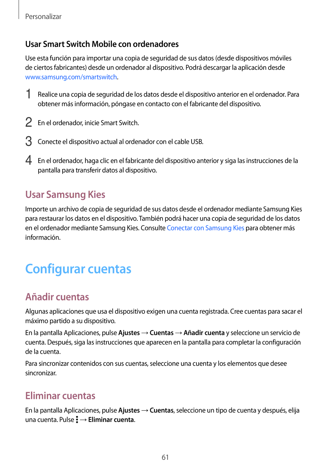 Samsung SM-A700FZKAPHE, SM-A500FZDUPHE manual Configurar cuentas, Usar Samsung Kies, Añadir cuentas, Eliminar cuentas 