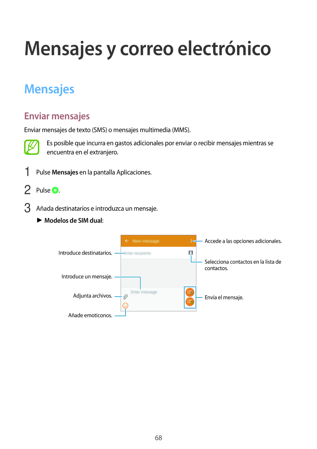 Samsung SM-A500FZDUPHE, SM-A700FZKAPHE, SM-A500FZSUPHE, SM-A500FZKUPHE manual Mensajes, Enviar mensajes, Modelos de SIM dual 