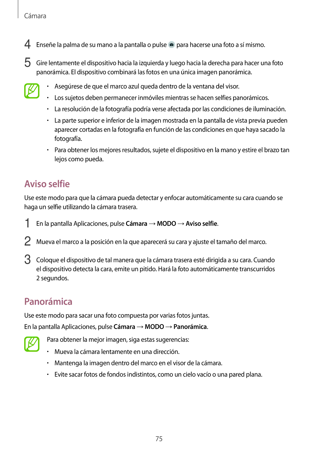 Samsung SM-A500FZKUPHE, SM-A500FZDUPHE, SM-A700FZKAPHE, SM-A500FZSUPHE manual Aviso selfie, Panorámica 