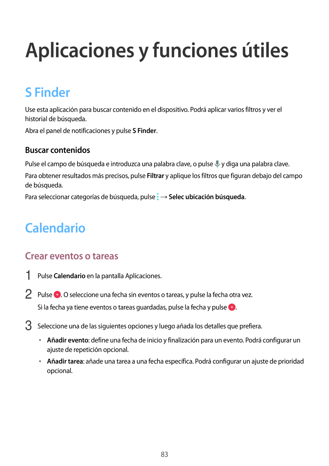 Samsung SM-A500FZKUPHE, SM-A500FZDUPHE, SM-A700FZKAPHE manual Finder, Calendario, Crear eventos o tareas, Buscar contenidos 