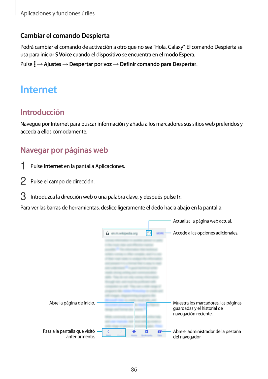 Samsung SM-A500FZSUPHE, SM-A500FZDUPHE manual Internet, Introducción, Navegar por páginas web, Cambiar el comando Despierta 
