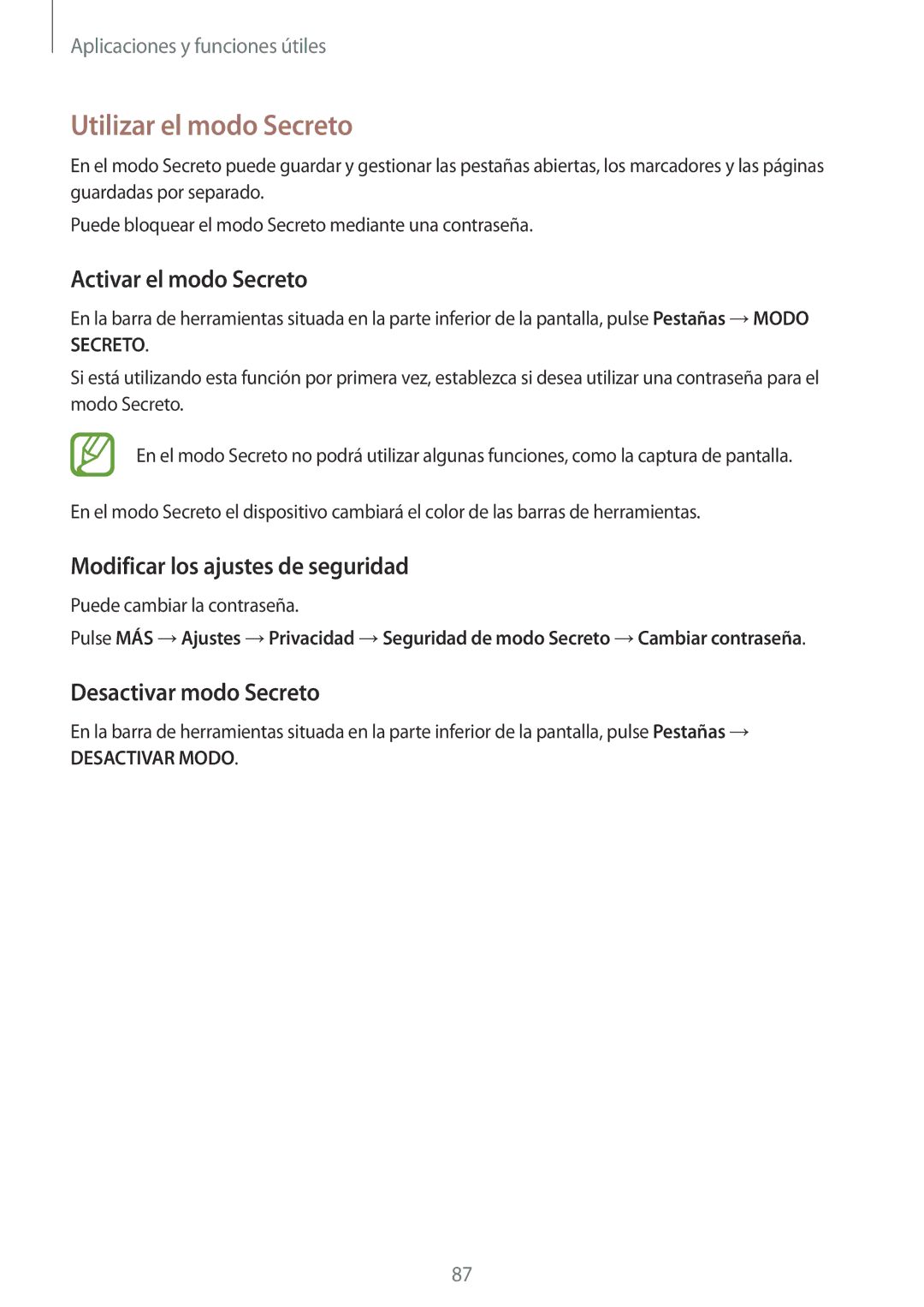 Samsung SM-A500FZKUPHE manual Utilizar el modo Secreto, Activar el modo Secreto, Modificar los ajustes de seguridad 