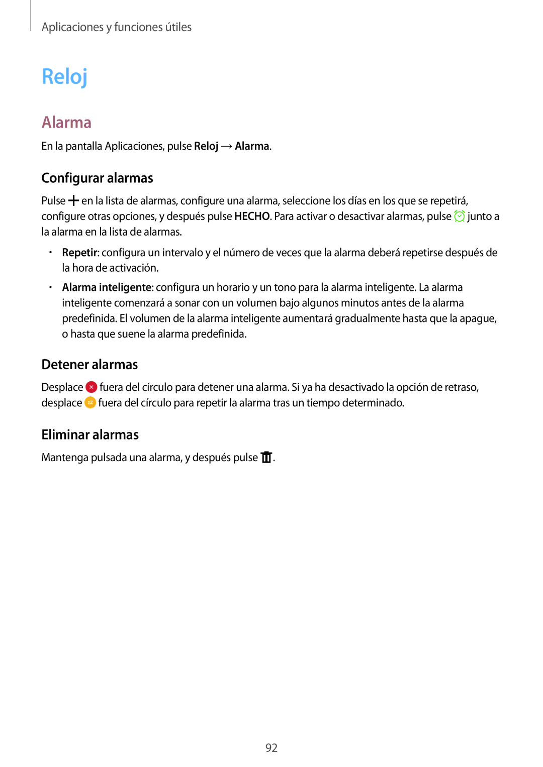 Samsung SM-A500FZDUPHE, SM-A700FZKAPHE, SM-A500FZSUPHE Reloj, Alarma, Configurar alarmas, Detener alarmas, Eliminar alarmas 