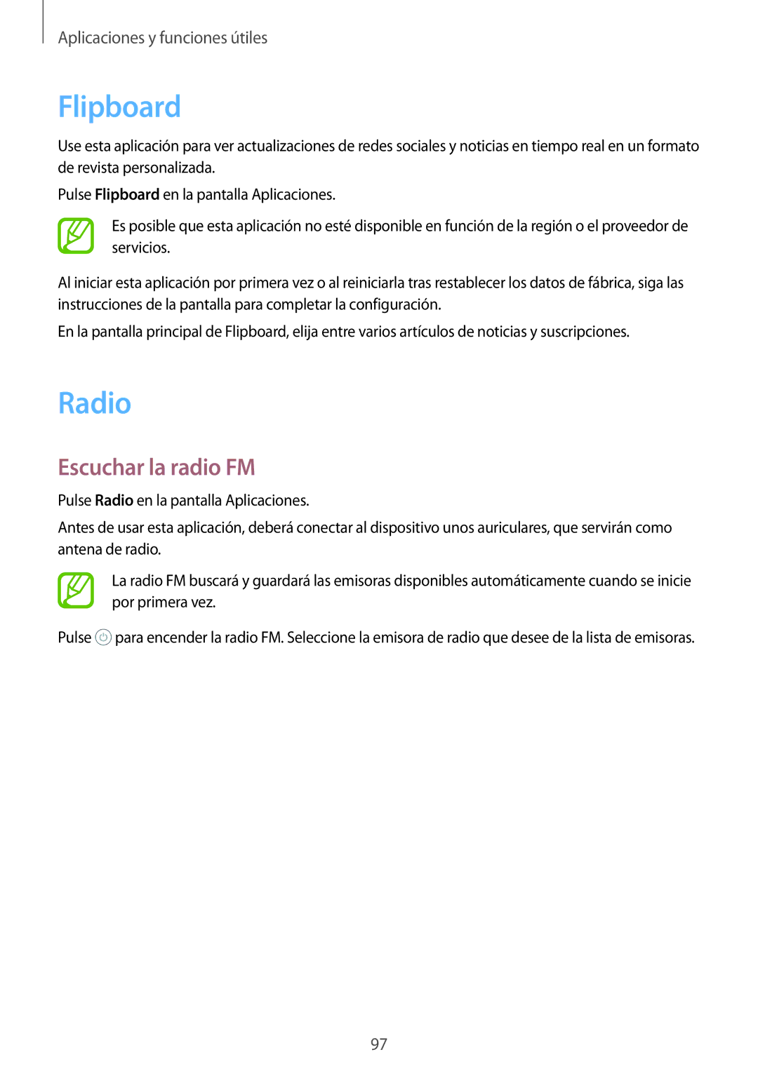 Samsung SM-A700FZKAPHE, SM-A500FZDUPHE, SM-A500FZSUPHE, SM-A500FZKUPHE manual Flipboard, Radio, Escuchar la radio FM 