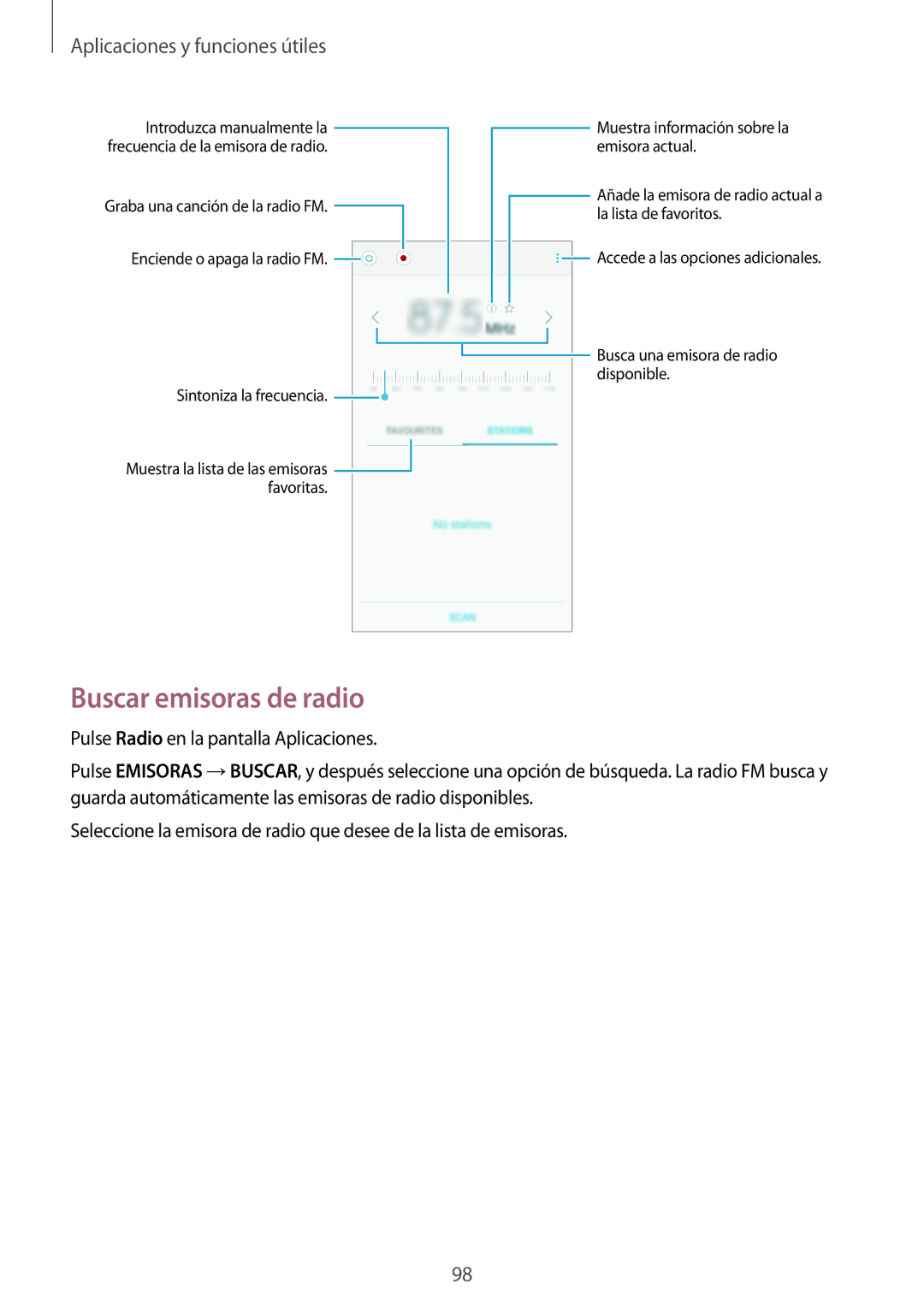 Samsung SM-A500FZSUPHE, SM-A500FZDUPHE, SM-A700FZKAPHE, SM-A500FZKUPHE manual Buscar emisoras de radio 