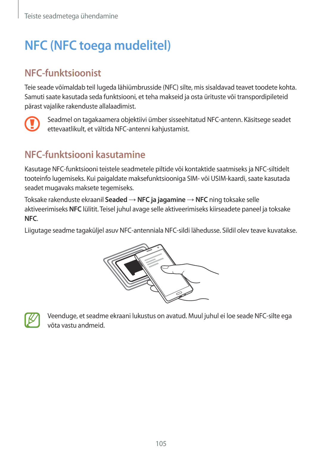 Samsung SM-A700FZDASEB, SM-A500FZDUSEB manual NFC NFC toega mudelitel, NFC-funktsioonist, NFC-funktsiooni kasutamine 