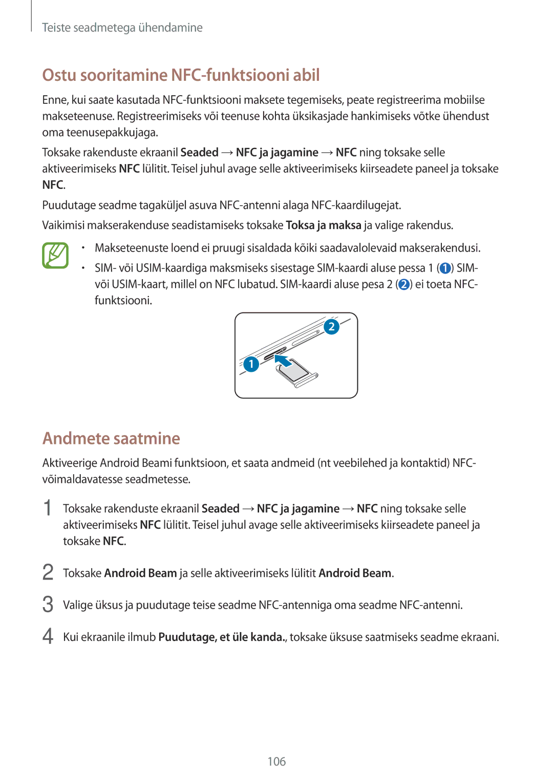 Samsung SM-A700FZWASEB, SM-A500FZDUSEB, SM-A700FZDASEB manual Ostu sooritamine NFC-funktsiooni abil, Andmete saatmine 