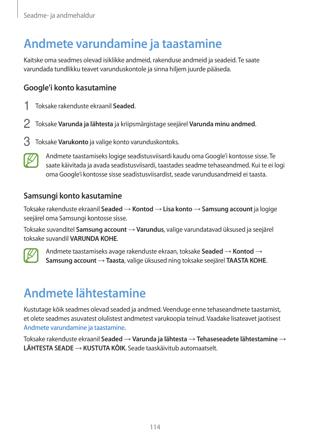 Samsung SM-A700FZWASEB, SM-A500FZDUSEB Andmete varundamine ja taastamine, Andmete lähtestamine, Googlei konto kasutamine 