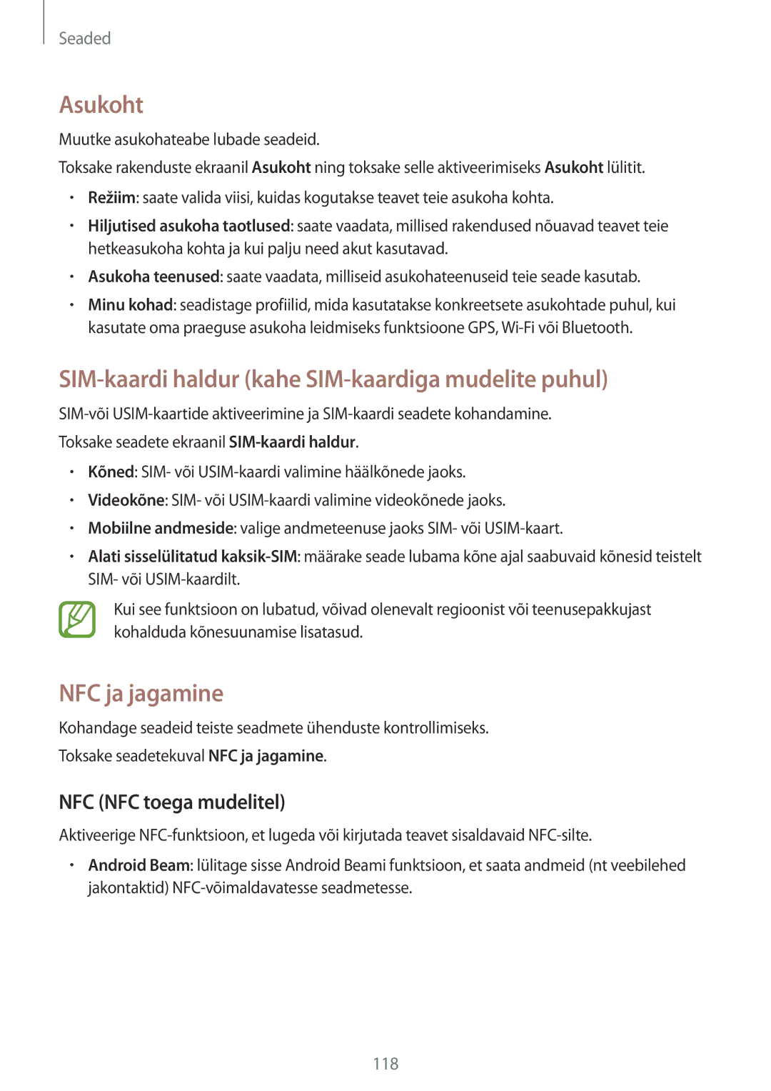 Samsung SM-A700FZWASEB, SM-A500FZDUSEB manual Asukoht, SIM-kaardi haldur kahe SIM-kaardiga mudelite puhul, NFC ja jagamine 