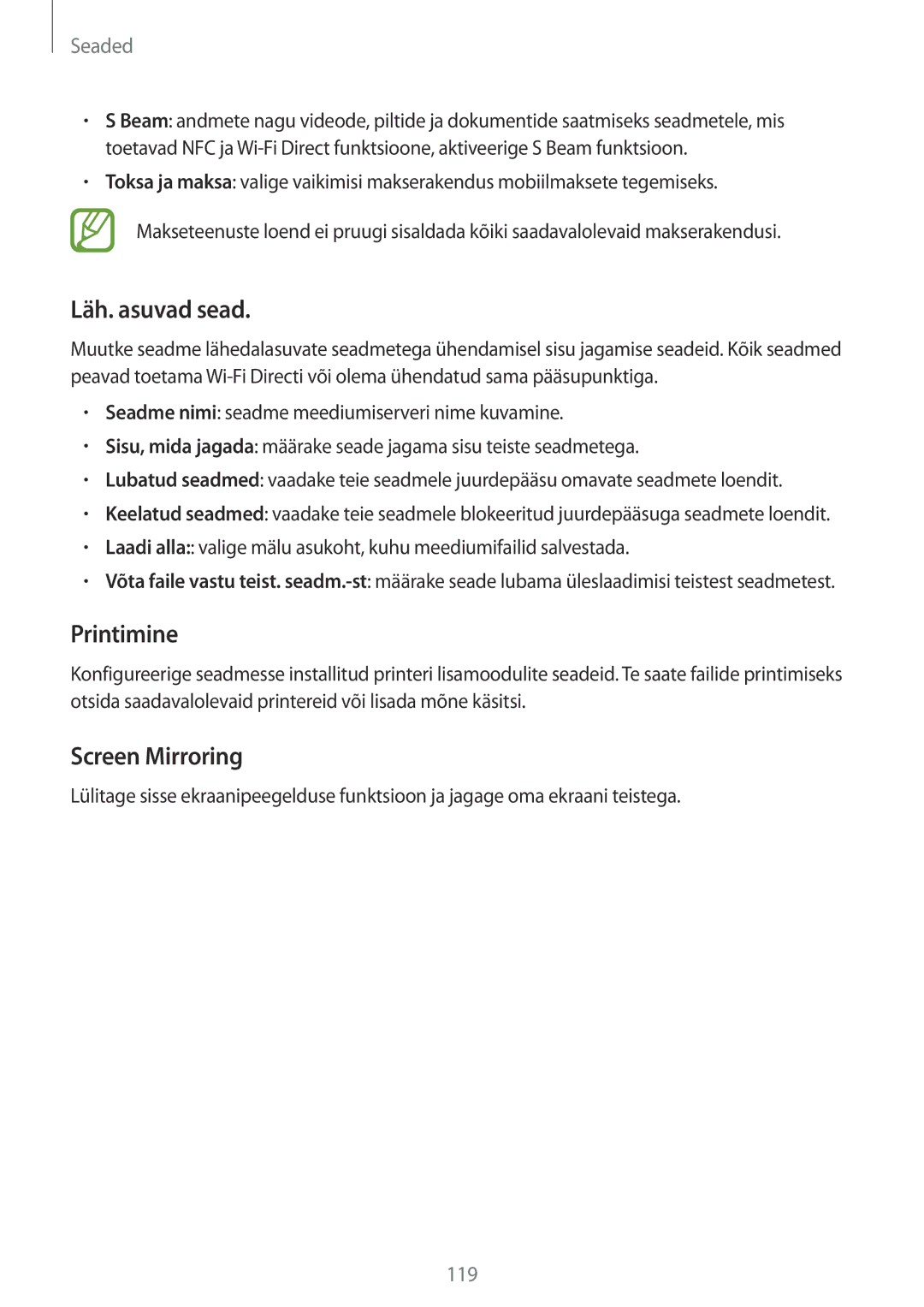 Samsung SM-A700FZKASEB, SM-A500FZDUSEB, SM-A700FZDASEB, SM-A700FZWASEB manual Läh. asuvad sead, Printimine, Screen Mirroring 