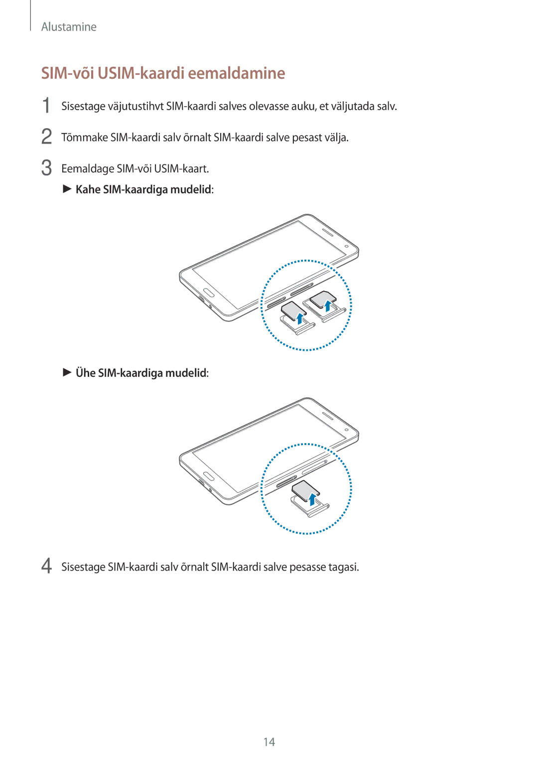 Samsung SM-A700FZWASEB, SM-A500FZDUSEB, SM-A700FZDASEB, SM-A700FZKASEB manual SIM-või USIM-kaardi eemaldamine 