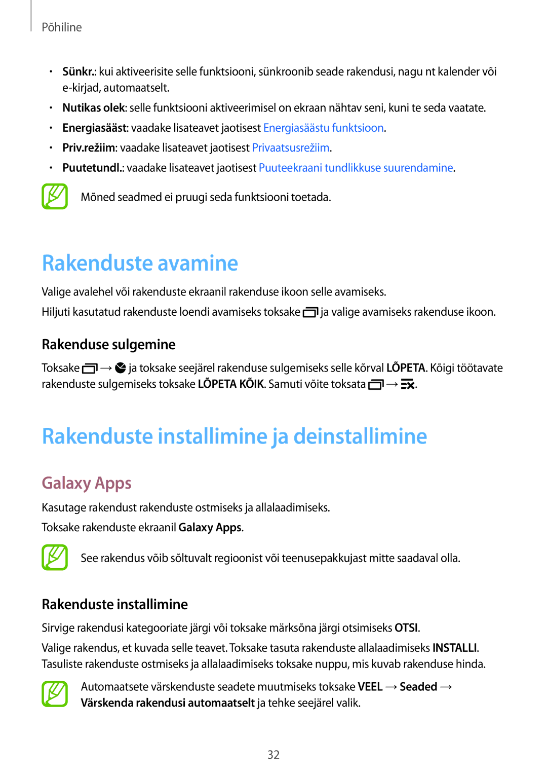 Samsung SM-A500FZDUSEB Rakenduste avamine, Rakenduste installimine ja deinstallimine, Galaxy Apps, Rakenduse sulgemine 