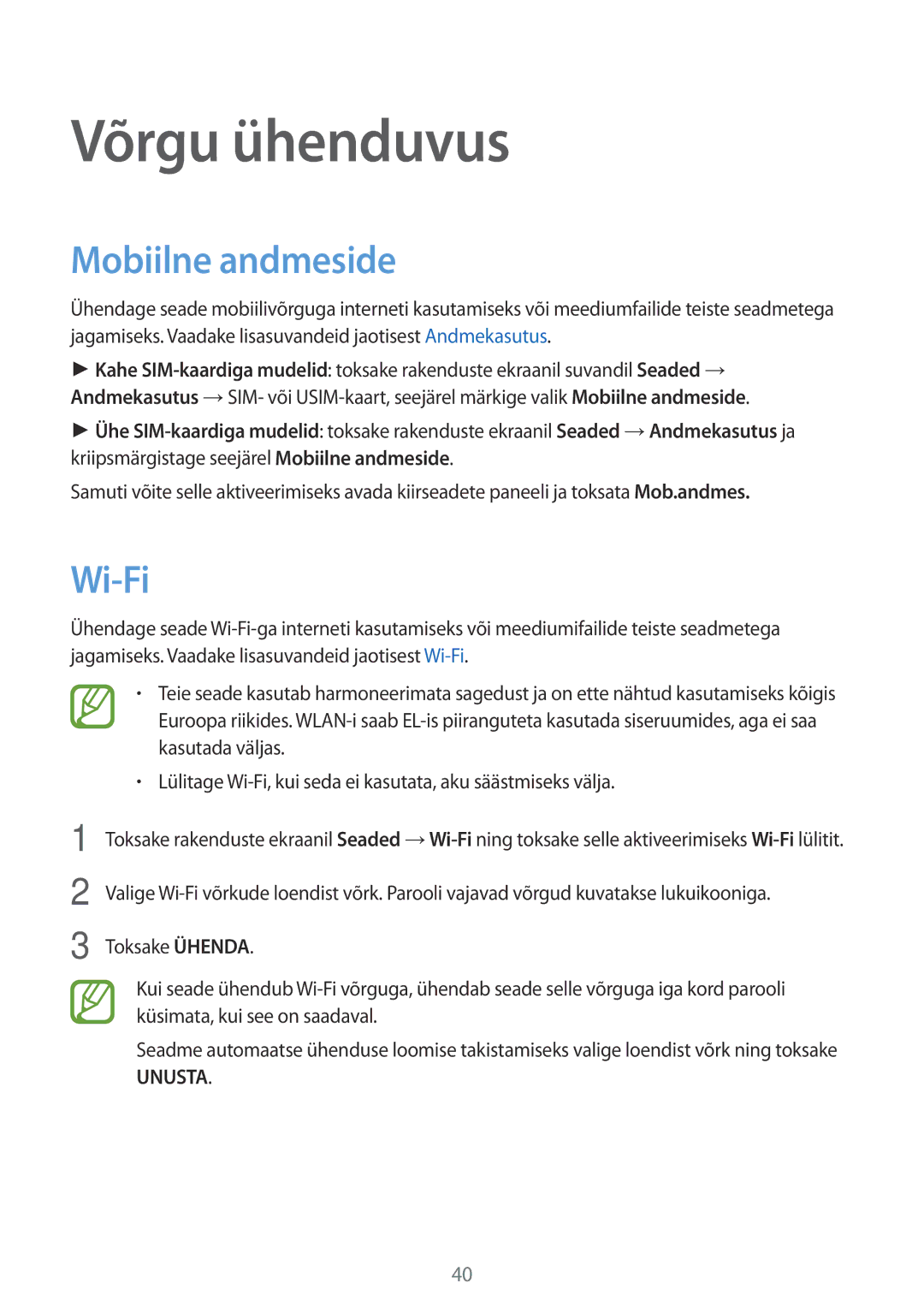 Samsung SM-A500FZDUSEB, SM-A700FZDASEB, SM-A700FZWASEB, SM-A700FZKASEB manual Võrgu ühenduvus, Mobiilne andmeside, Wi-Fi 