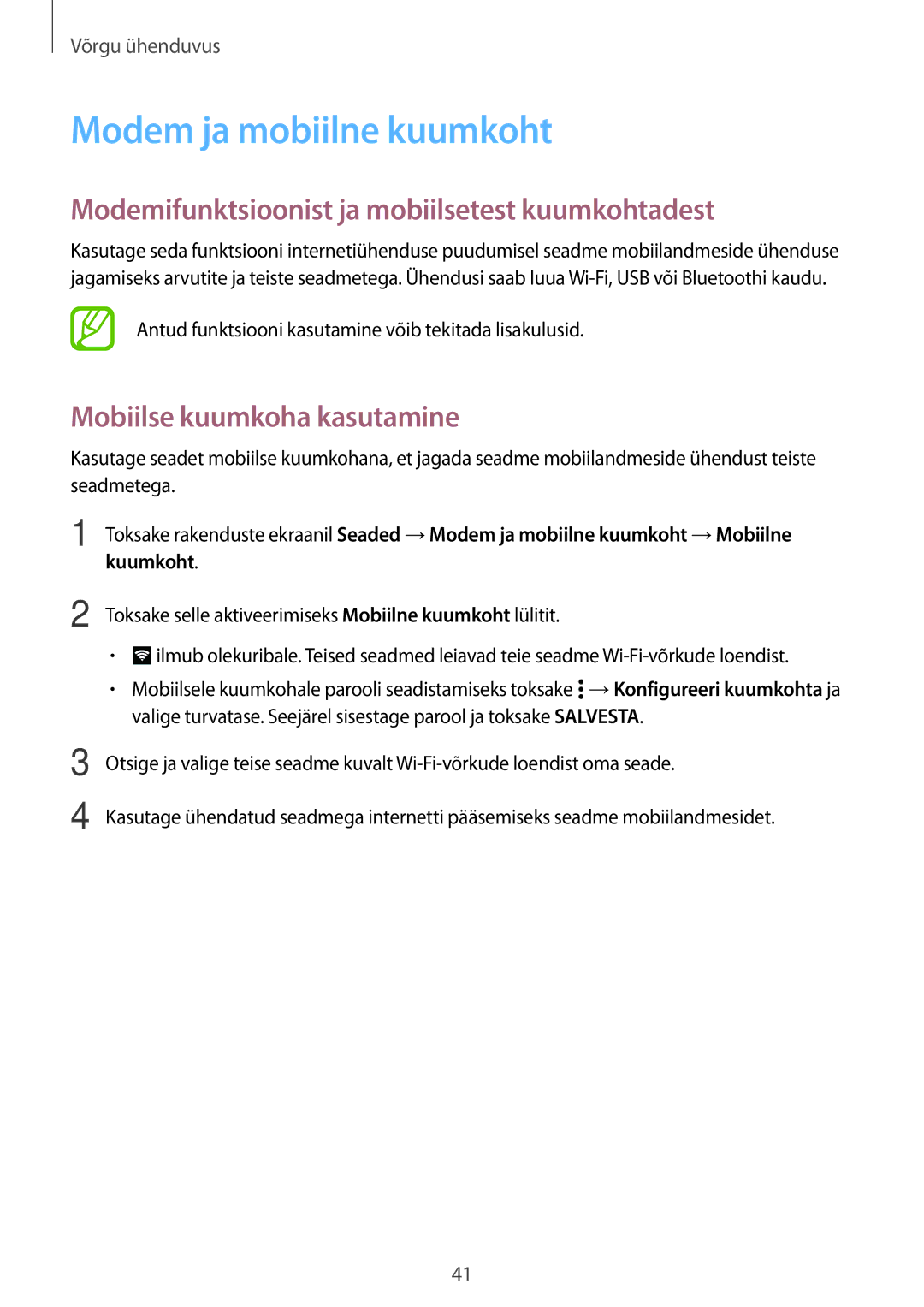 Samsung SM-A700FZDASEB, SM-A500FZDUSEB manual Modem ja mobiilne kuumkoht, Modemifunktsioonist ja mobiilsetest kuumkohtadest 