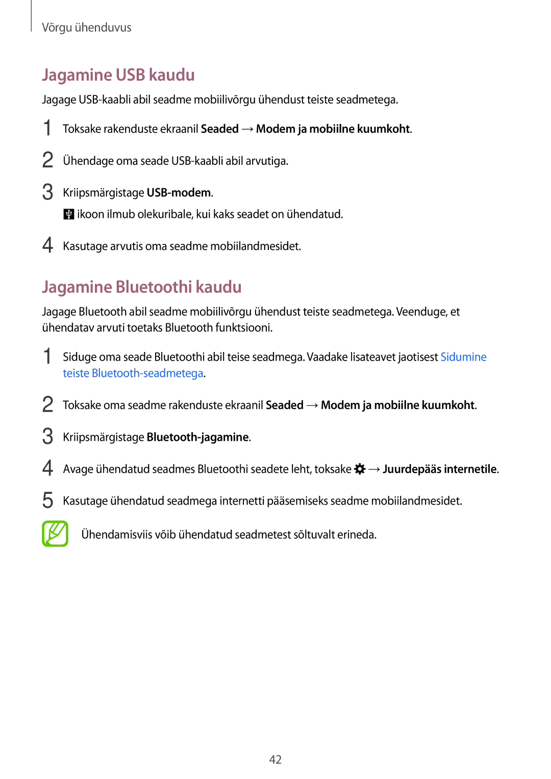 Samsung SM-A700FZWASEB, SM-A500FZDUSEB, SM-A700FZDASEB, SM-A700FZKASEB manual Jagamine USB kaudu, Jagamine Bluetoothi kaudu 