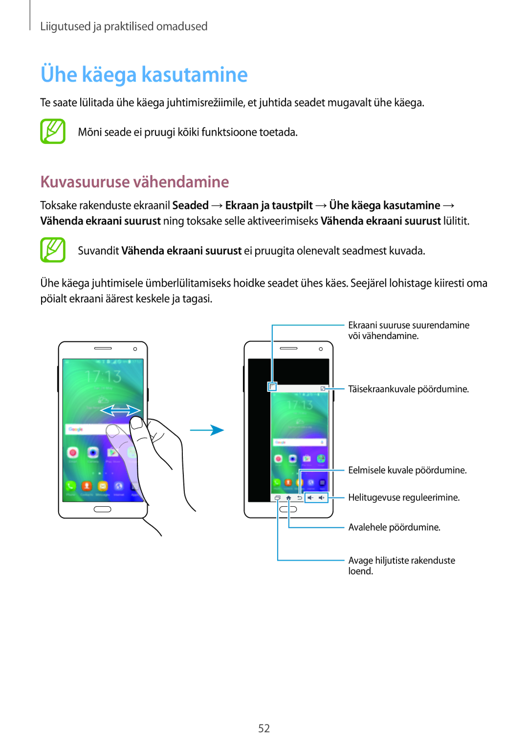 Samsung SM-A500FZDUSEB, SM-A700FZDASEB, SM-A700FZWASEB, SM-A700FZKASEB manual Ühe käega kasutamine, Kuvasuuruse vähendamine 