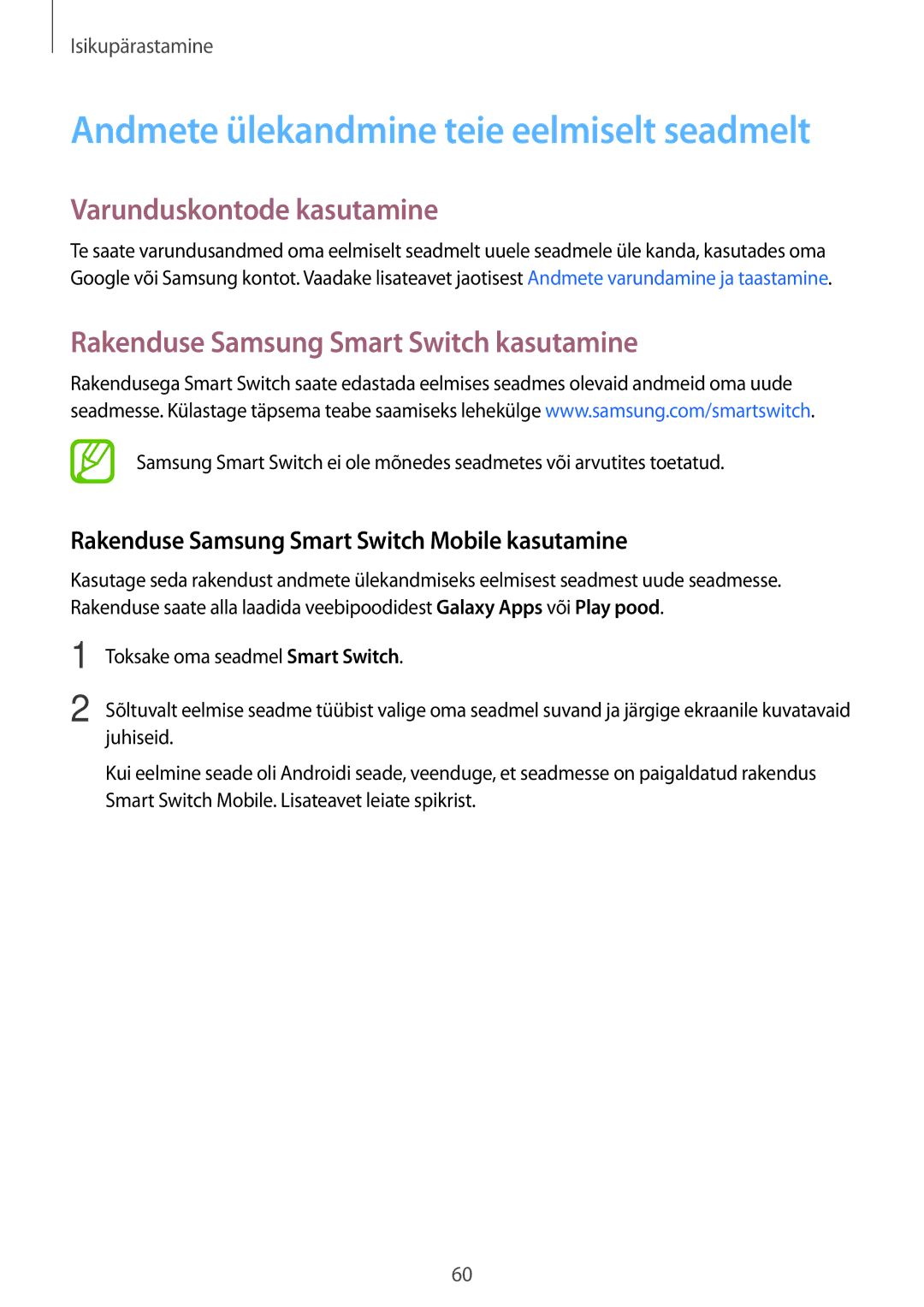 Samsung SM-A500FZDUSEB, SM-A700FZDASEB manual Varunduskontode kasutamine, Rakenduse Samsung Smart Switch kasutamine 