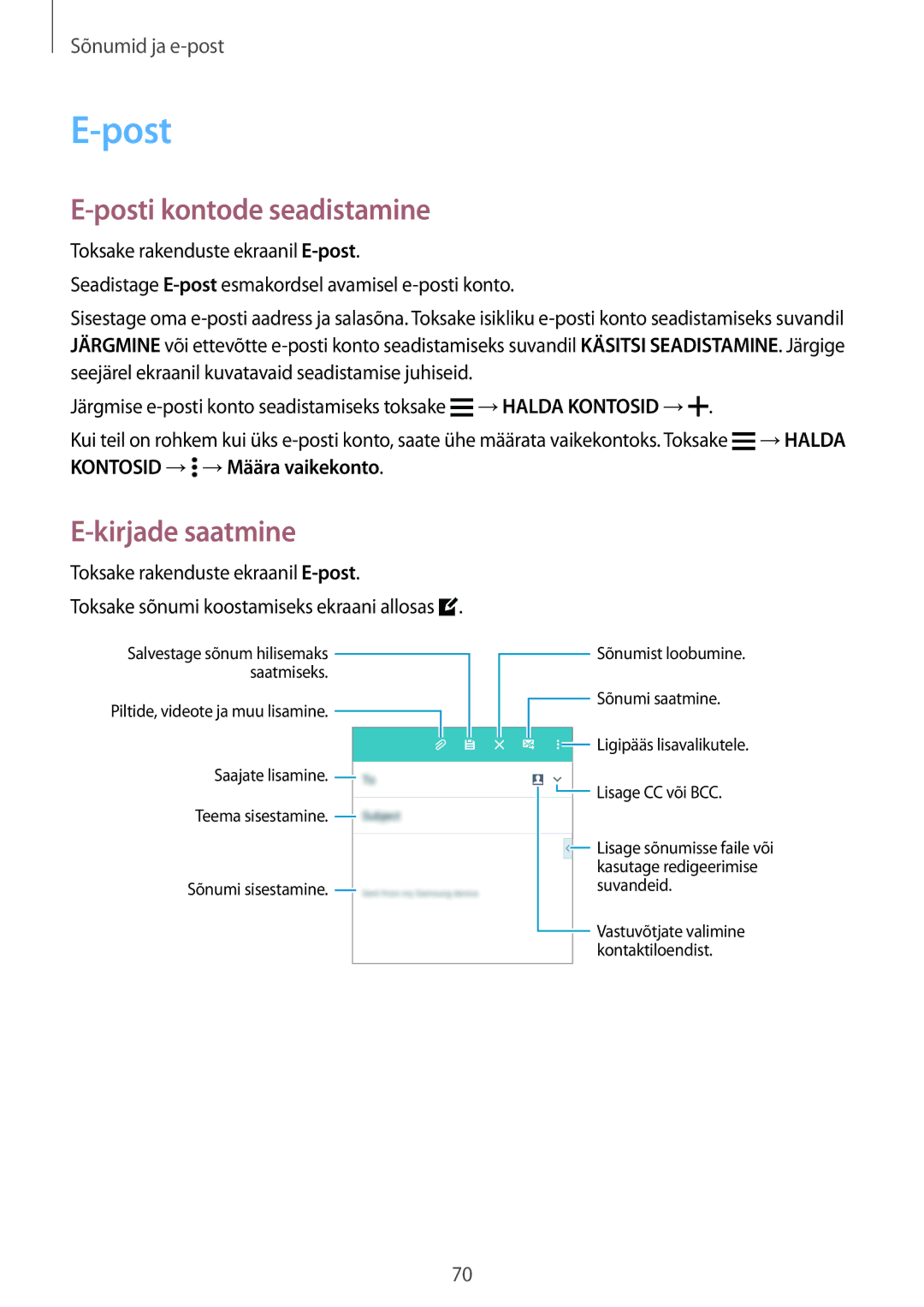 Samsung SM-A700FZWASEB, SM-A500FZDUSEB, SM-A700FZDASEB, SM-A700FZKASEB manual Posti kontode seadistamine, Kirjade saatmine 