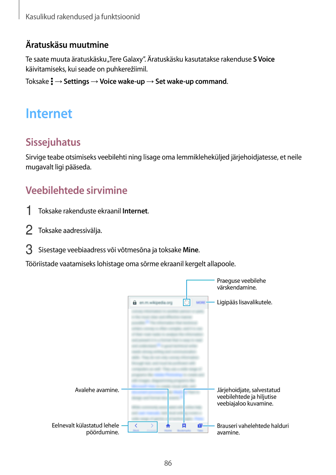 Samsung SM-A700FZWASEB, SM-A500FZDUSEB, SM-A700FZDASEB Internet, Sissejuhatus, Veebilehtede sirvimine, Äratuskäsu muutmine 