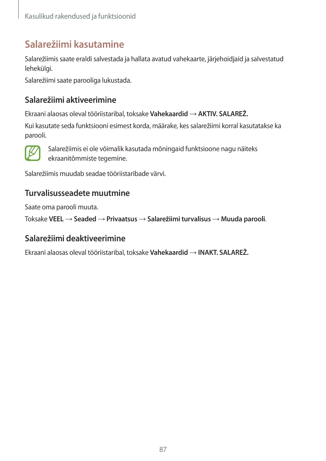 Samsung SM-A700FZKASEB, SM-A500FZDUSEB manual Salarežiimi kasutamine, Salarežiimi aktiveerimine, Turvalisusseadete muutmine 