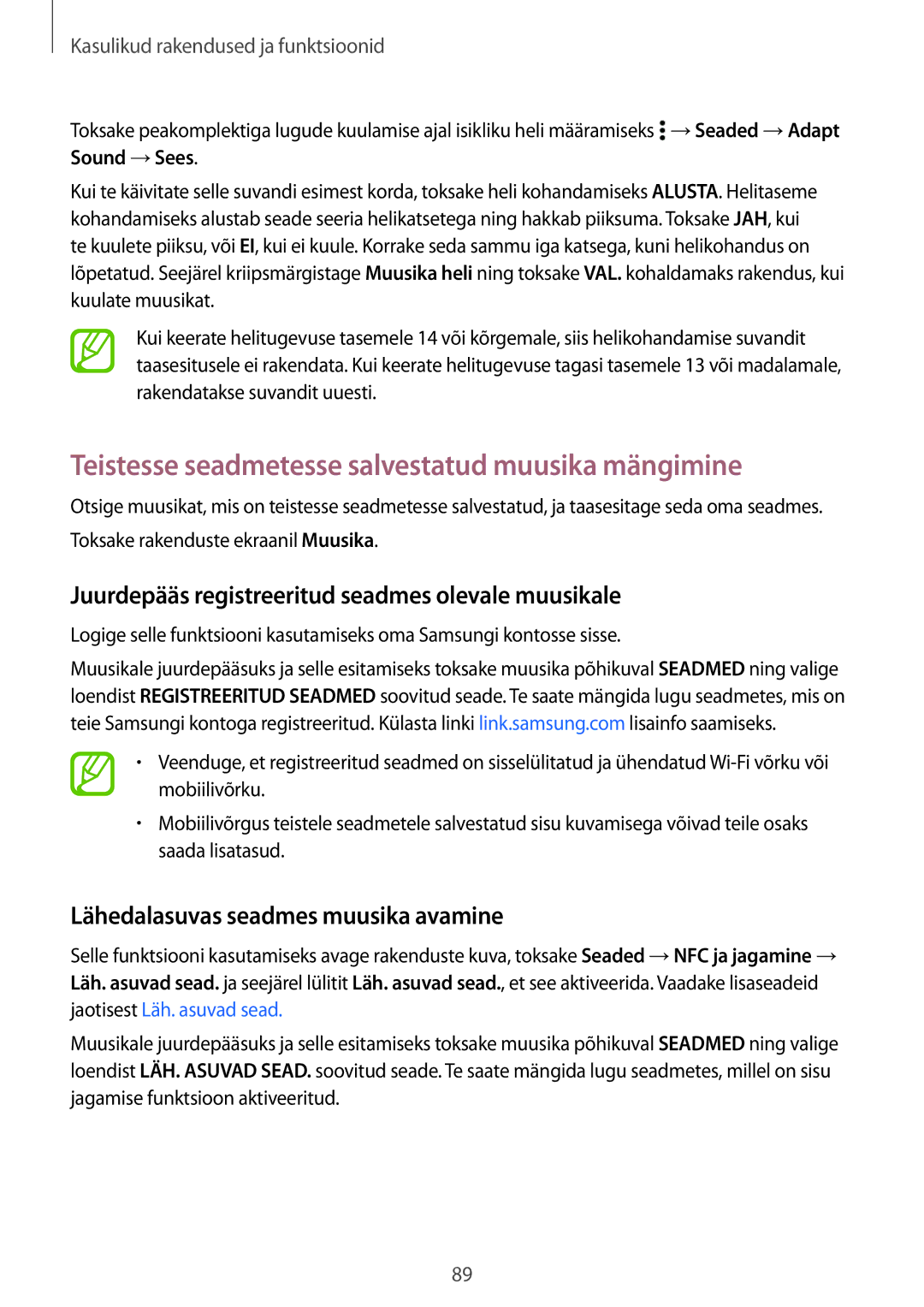 Samsung SM-A700FZDASEB manual Teistesse seadmetesse salvestatud muusika mängimine, Lähedalasuvas seadmes muusika avamine 