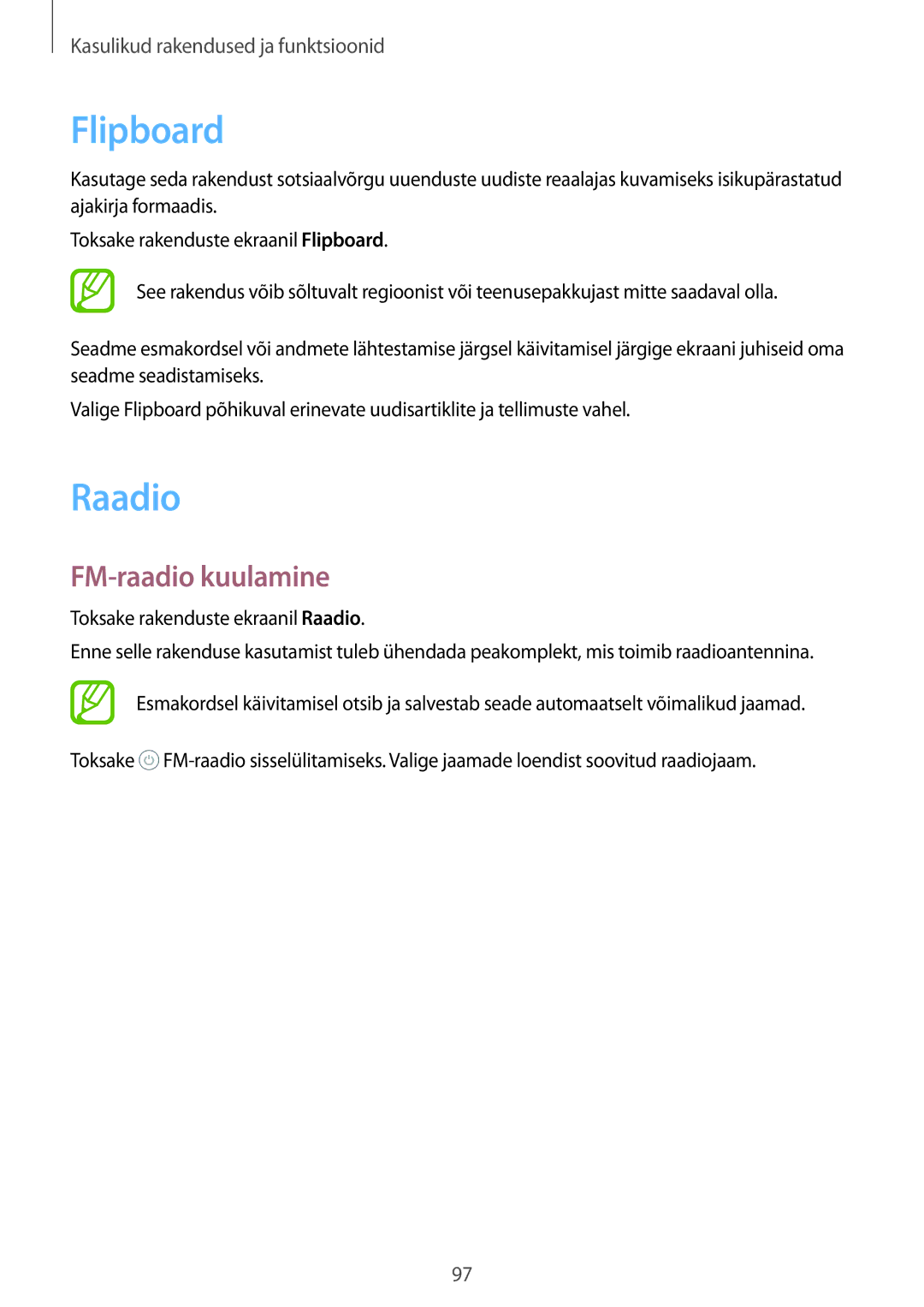 Samsung SM-A700FZDASEB, SM-A500FZDUSEB, SM-A700FZWASEB, SM-A700FZKASEB manual Flipboard, Raadio, FM-raadio kuulamine 