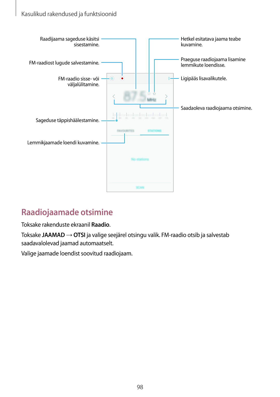 Samsung SM-A700FZWASEB, SM-A500FZDUSEB, SM-A700FZDASEB, SM-A700FZKASEB manual Raadiojaamade otsimine 