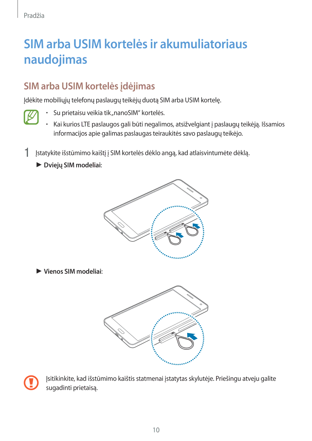 Samsung SM-A700FZWASEB manual SIM arba Usim kortelės ir akumuliatoriaus naudojimas, SIM arba Usim kortelės įdėjimas 