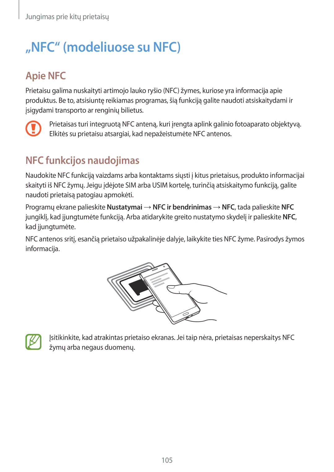 Samsung SM-A700FZDASEB, SM-A500FZDUSEB, SM-A700FZWASEB manual „NFC modeliuose su NFC, Apie NFC, NFC funkcijos naudojimas 