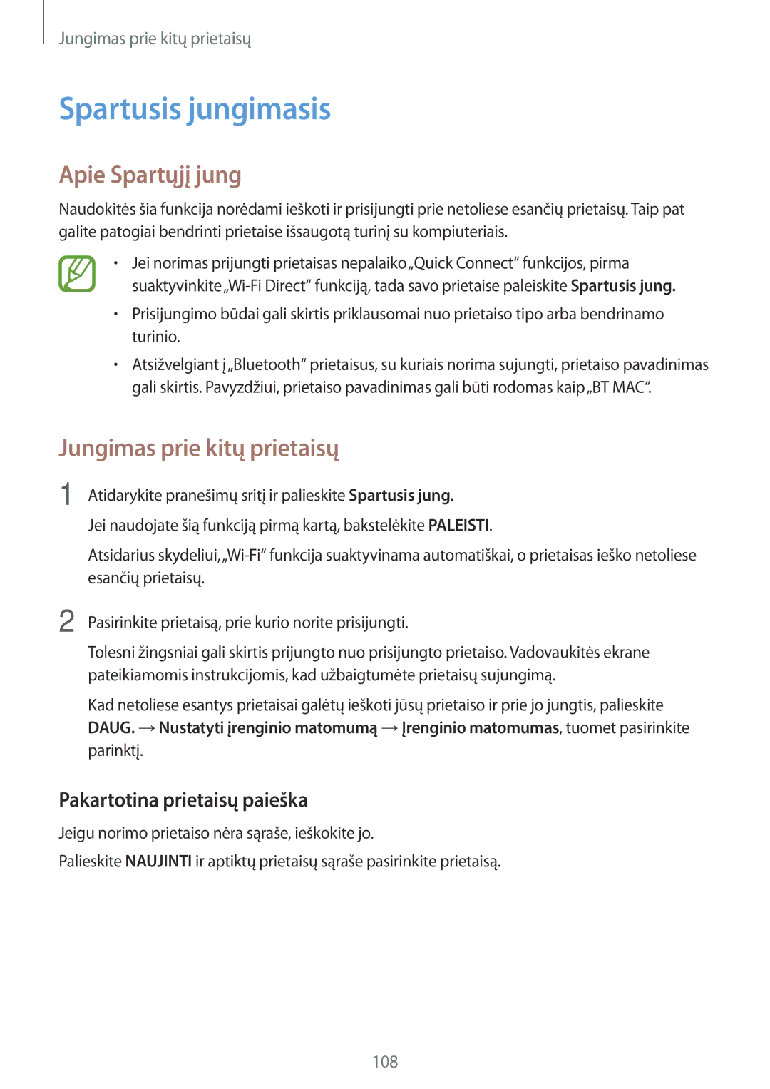 Samsung SM-A500FZDUSEB, SM-A700FZDASEB manual Spartusis jungimasis, Apie Spartųjį jung, Pakartotina prietaisų paieška 