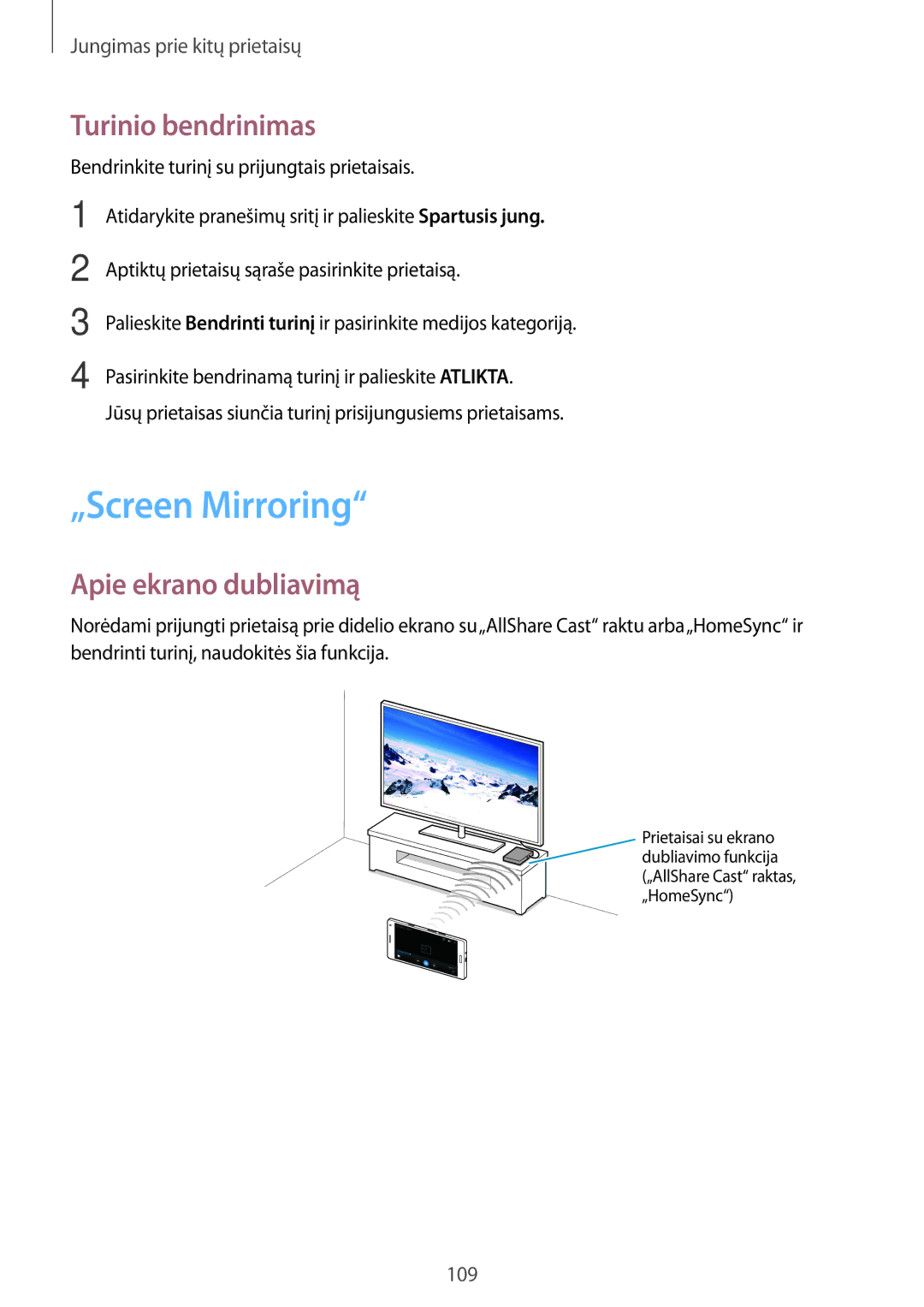 Samsung SM-A700FZDASEB, SM-A500FZDUSEB, SM-A700FZWASEB manual „Screen Mirroring, Turinio bendrinimas, Apie ekrano dubliavimą 