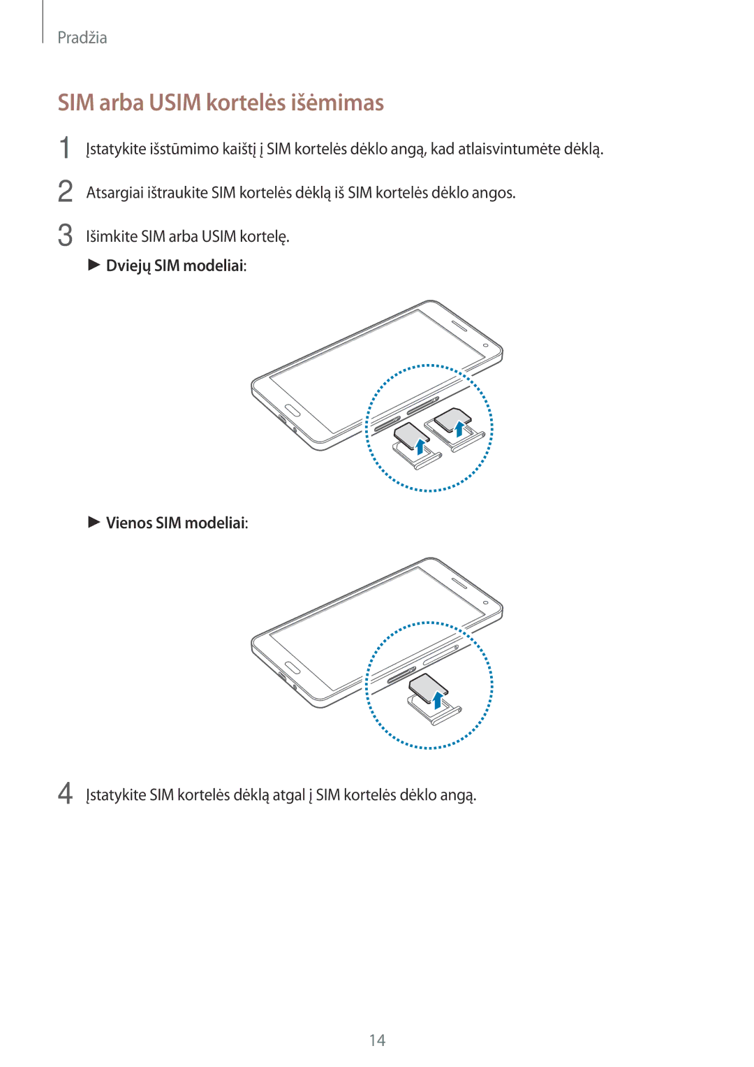 Samsung SM-A700FZWASEB, SM-A500FZDUSEB, SM-A700FZDASEB, SM-A700FZKASEB manual SIM arba Usim kortelės išėmimas 