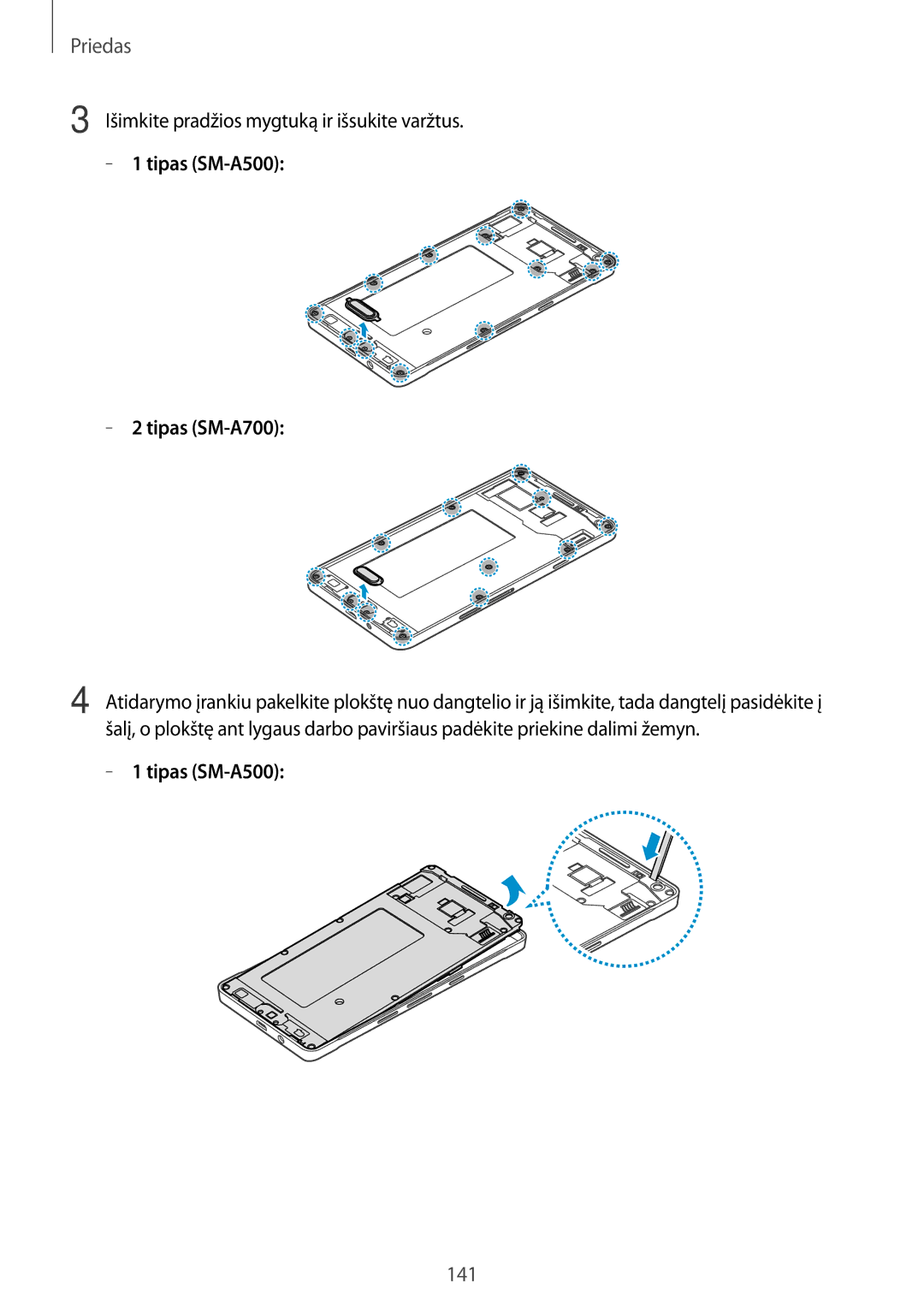 Samsung SM-A700FZDASEB, SM-A500FZDUSEB, SM-A700FZWASEB, SM-A700FZKASEB manual Tipas SM-A500 