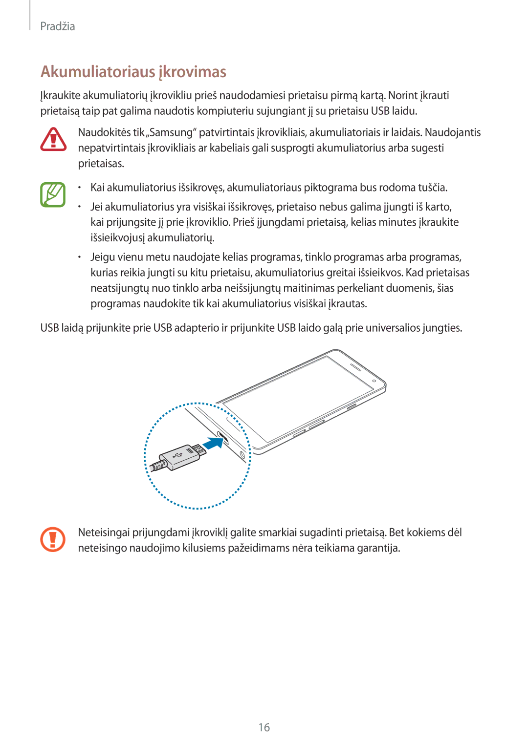 Samsung SM-A500FZDUSEB, SM-A700FZDASEB, SM-A700FZWASEB, SM-A700FZKASEB manual Akumuliatoriaus įkrovimas 