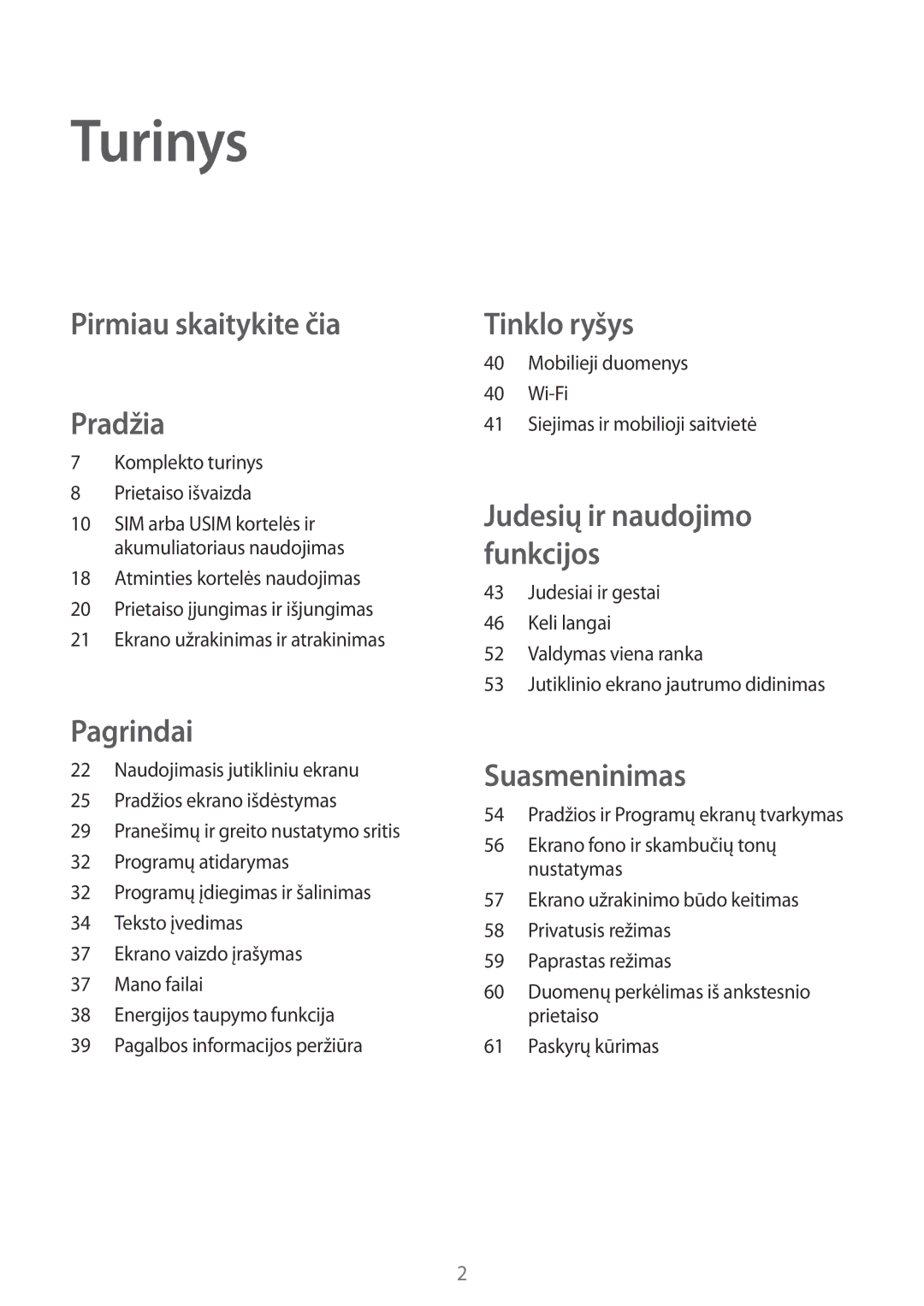 Samsung SM-A700FZWASEB, SM-A500FZDUSEB, SM-A700FZDASEB, SM-A700FZKASEB manual Turinys, Pirmiau skaitykite čia Pradžia 