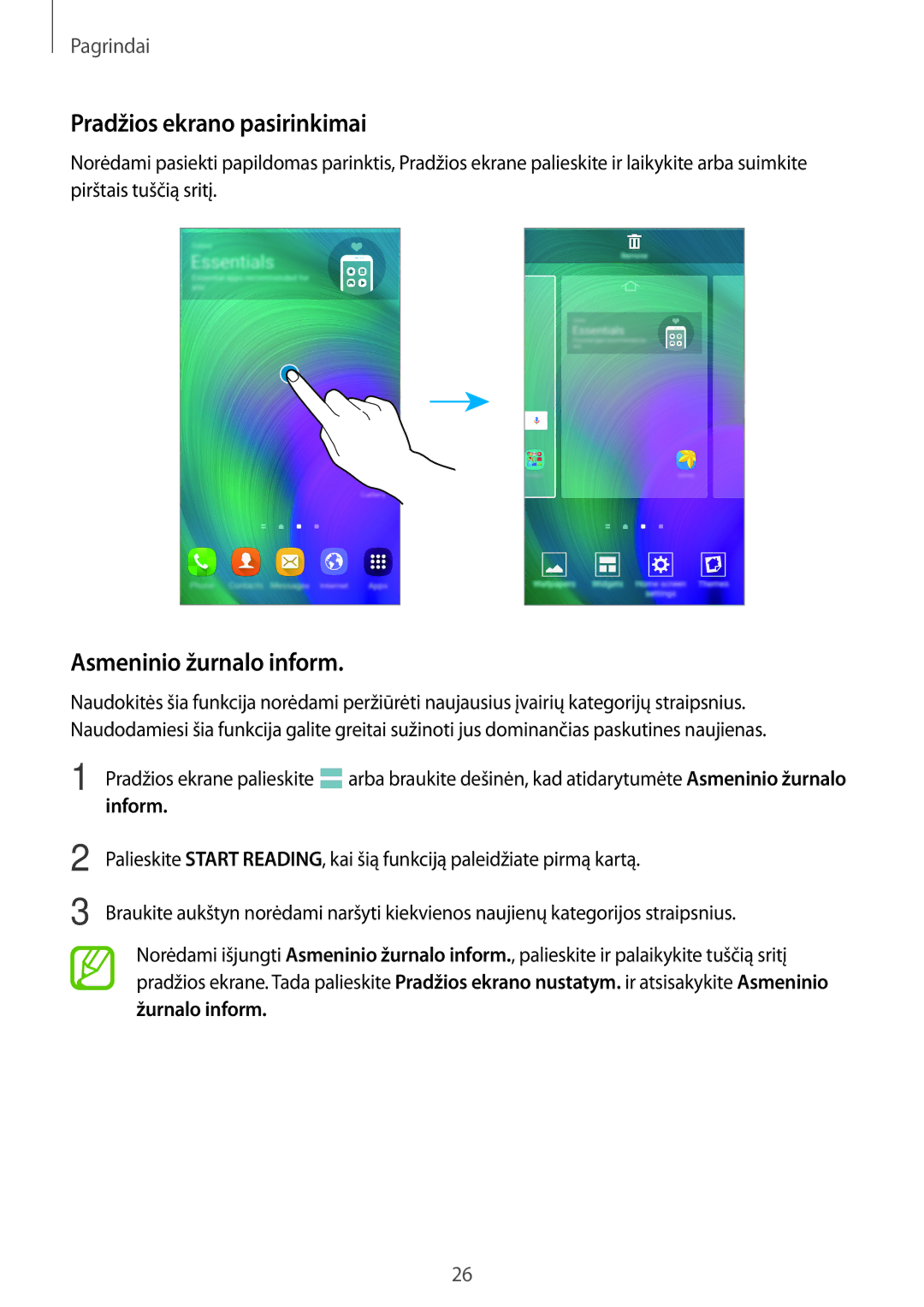 Samsung SM-A700FZWASEB, SM-A500FZDUSEB, SM-A700FZDASEB manual Pradžios ekrano pasirinkimai, Asmeninio žurnalo inform, Inform 