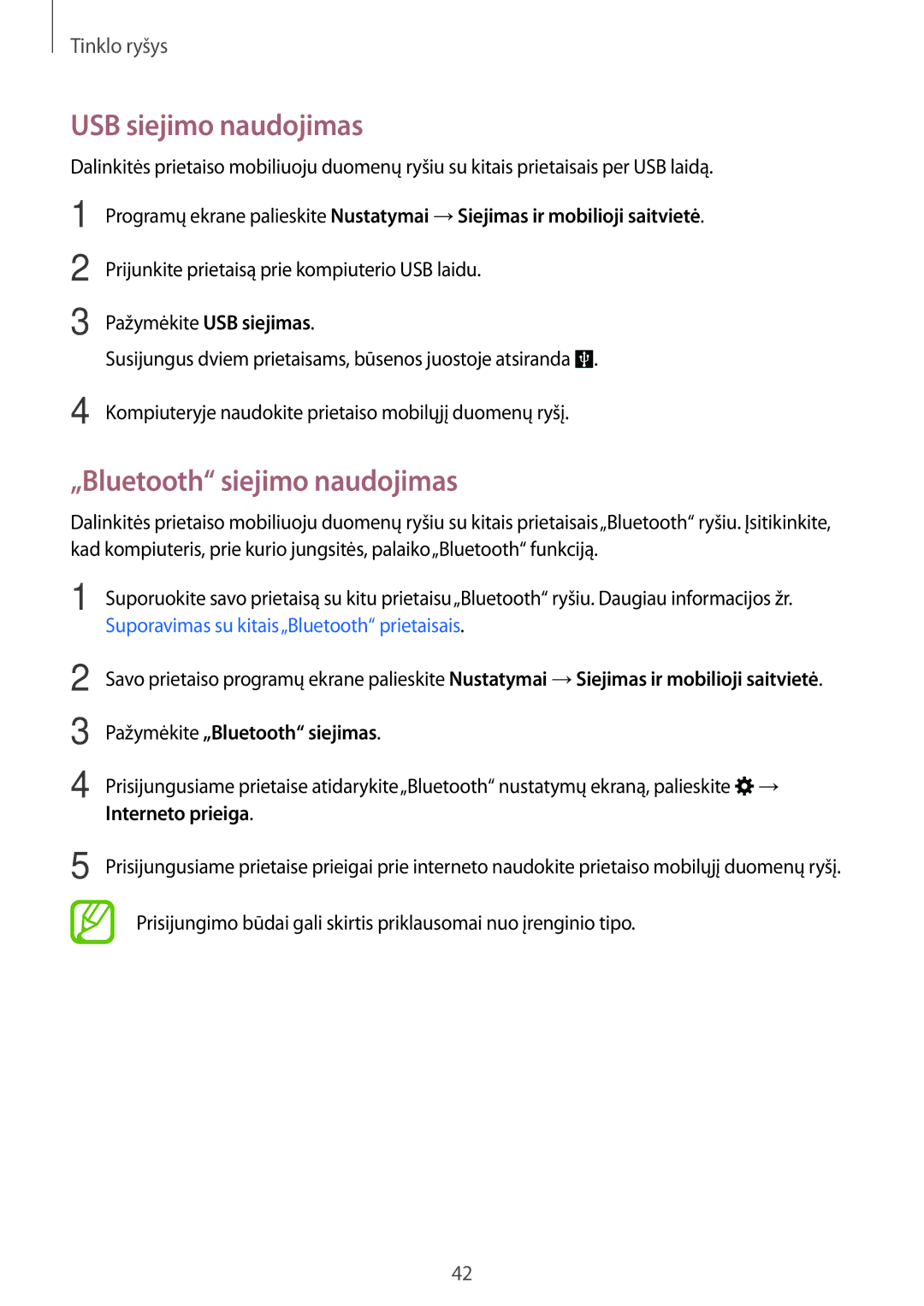 Samsung SM-A700FZWASEB manual USB siejimo naudojimas, „Bluetooth siejimo naudojimas, Pažymėkite „Bluetooth siejimas 