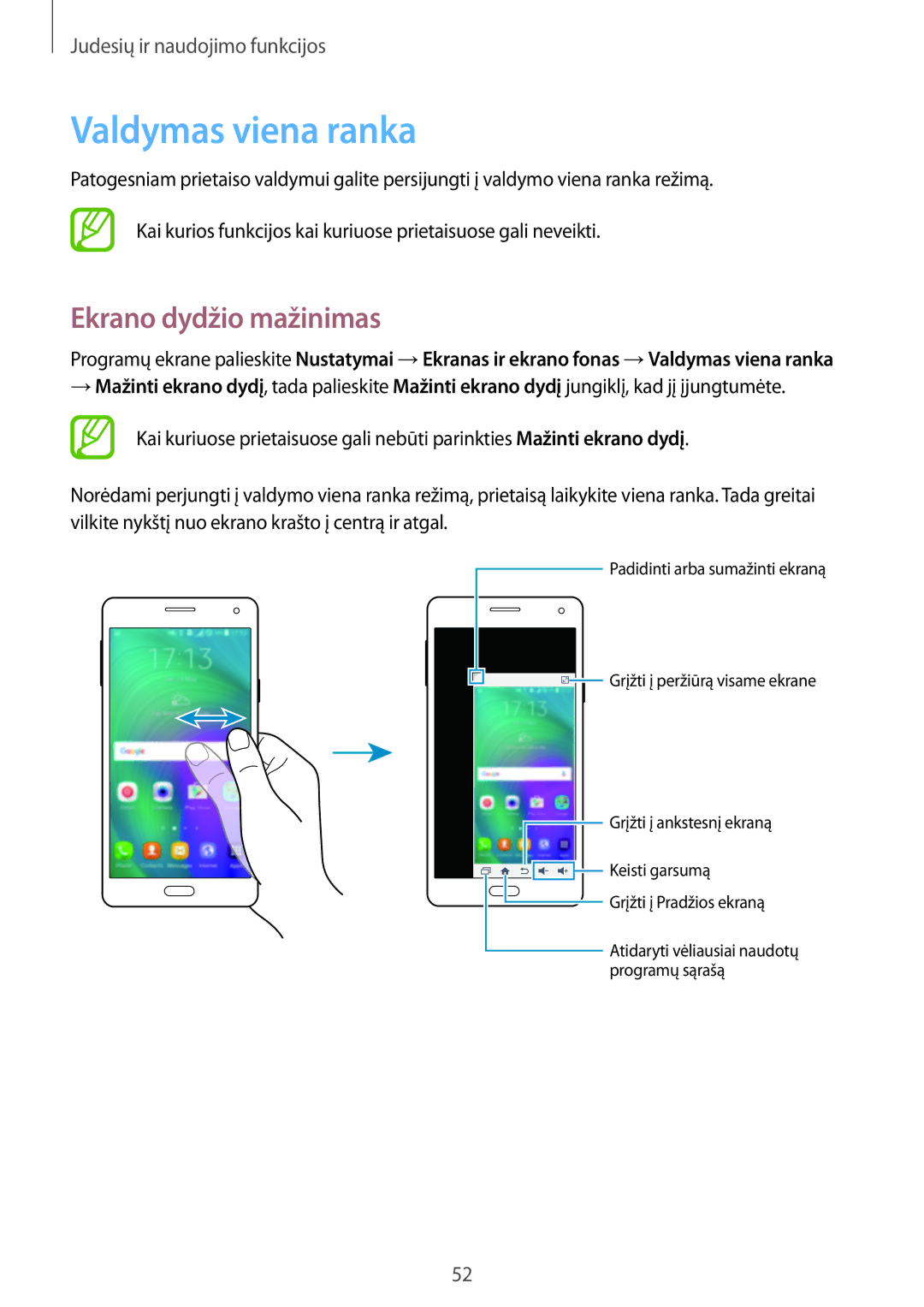 Samsung SM-A500FZDUSEB, SM-A700FZDASEB, SM-A700FZWASEB, SM-A700FZKASEB manual Valdymas viena ranka, Ekrano dydžio mažinimas 