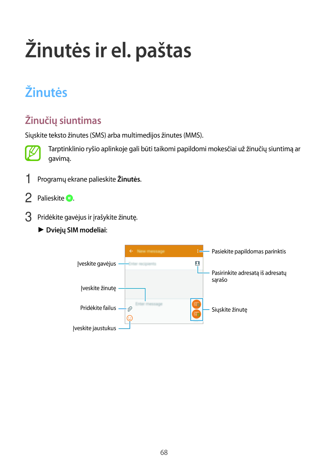 Samsung SM-A500FZDUSEB, SM-A700FZDASEB, SM-A700FZWASEB manual Žinutės ir el. paštas, Žinučių siuntimas, Dviejų SIM modeliai 