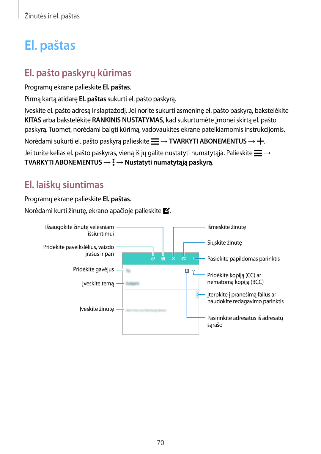 Samsung SM-A700FZWASEB, SM-A500FZDUSEB, SM-A700FZDASEB manual El. paštas, El. pašto paskyrų kūrimas, El. laiškų siuntimas 