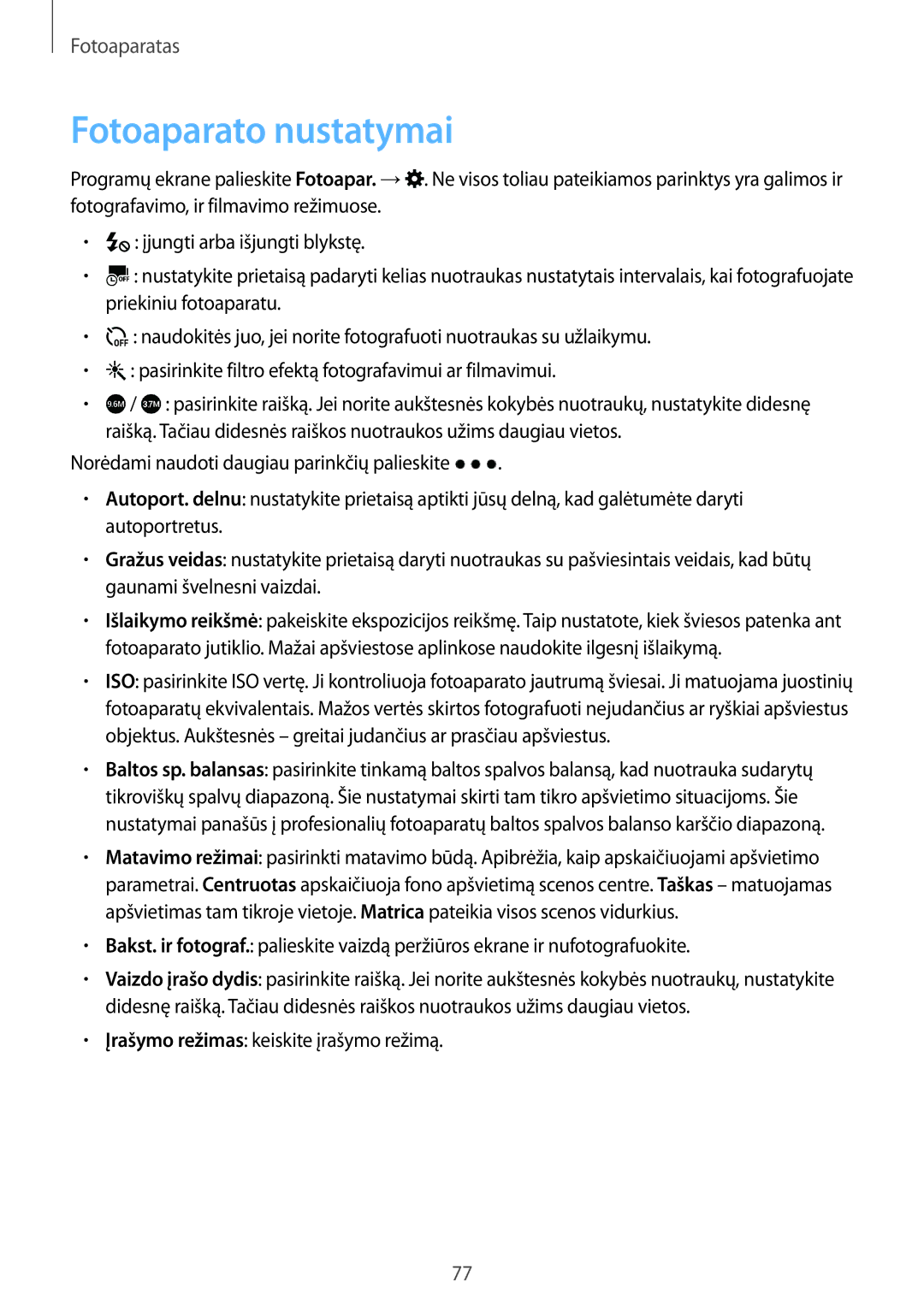 Samsung SM-A700FZDASEB, SM-A500FZDUSEB, SM-A700FZWASEB, SM-A700FZKASEB manual Fotoaparato nustatymai 