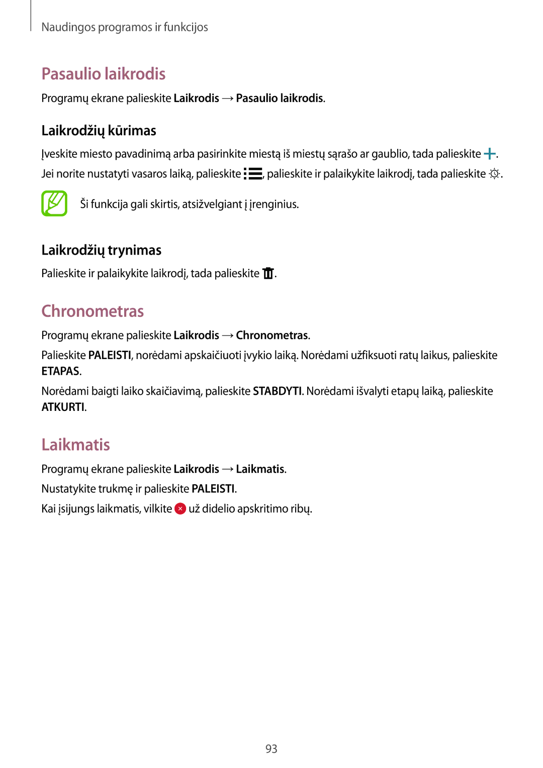 Samsung SM-A700FZDASEB manual Pasaulio laikrodis, Chronometras, Laikmatis, Laikrodžių kūrimas, Laikrodžių trynimas 