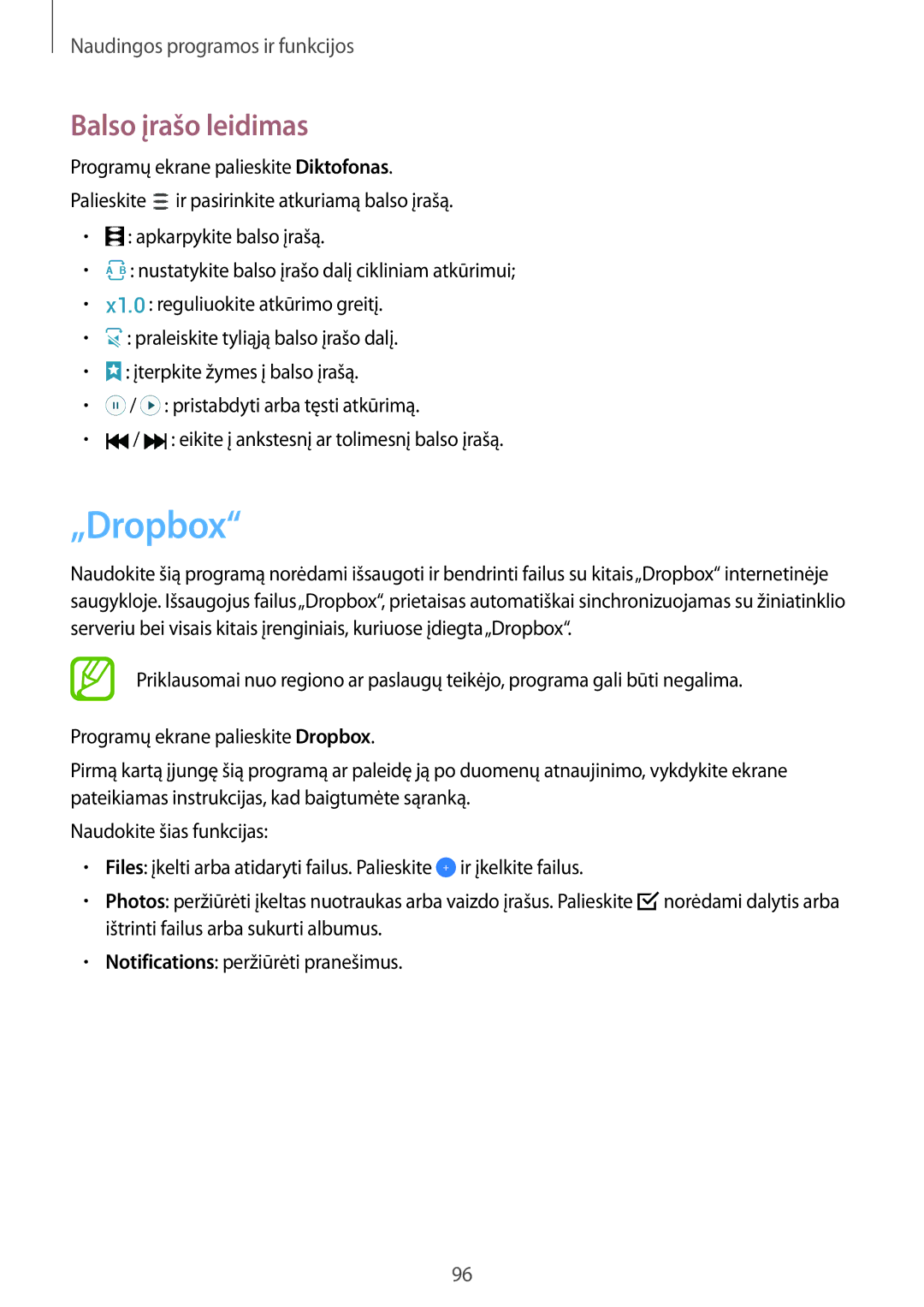 Samsung SM-A500FZDUSEB, SM-A700FZDASEB, SM-A700FZWASEB, SM-A700FZKASEB manual „Dropbox, Balso įrašo leidimas 