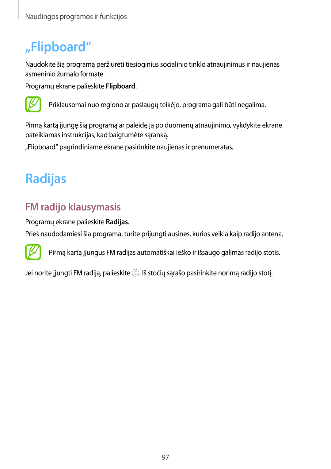 Samsung SM-A700FZDASEB, SM-A500FZDUSEB, SM-A700FZWASEB, SM-A700FZKASEB manual „Flipboard, Radijas, FM radijo klausymasis 