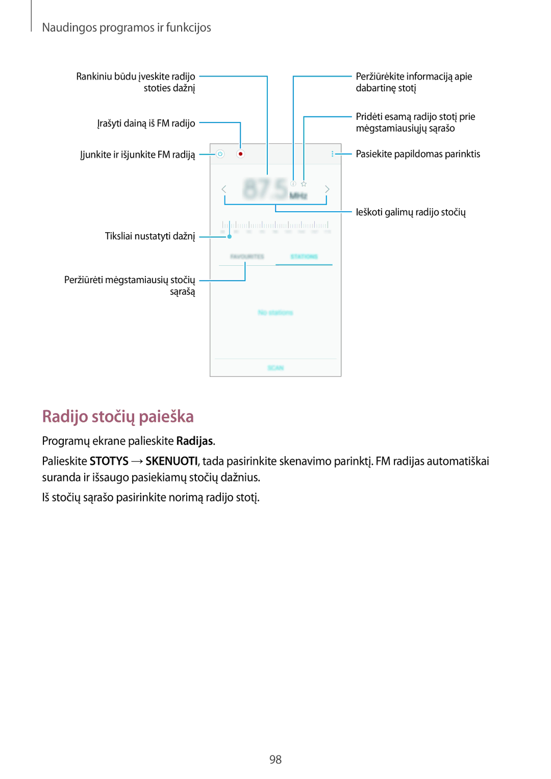 Samsung SM-A700FZWASEB, SM-A500FZDUSEB, SM-A700FZDASEB, SM-A700FZKASEB manual Radijo stočių paieška 